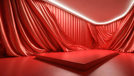 red luxury studio background with abstract shiny fabric cover luxurious royal backdrops and vivid red concept 3d renderingの素材