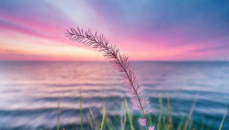 little grass stem close up with sunset over calm sea sun going down over horizon pink and purple pastel watercolor soft tones beautiful nature backgroundの素材