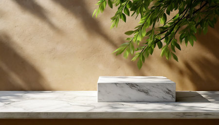 minimal empty white marble stone counter table top green tree in sunlight leaf shadow on beige brown stucco cement wall for luxury organic cosmetic skincare beauty treatment product background 3dの素材
