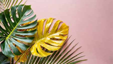tropical leaves monstera and yellow palm on pink background with copy spaceの素材
