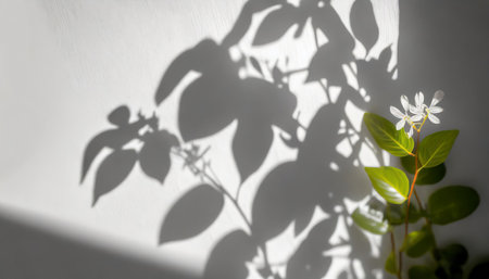 the shadow of a plant on the wall blurred light shadow from a branch of tropical flowers on a sunny white wall on a clear day overlay effect backgroundの素材