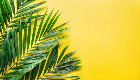 flat lay of green palm branches over yellow background top view copy space wide composition summer vacation travel or fashion conceptの素材