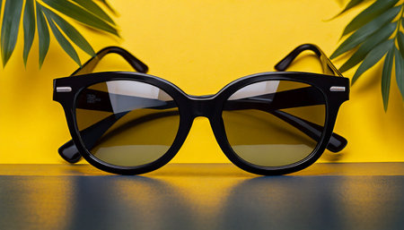 big black sunglasses on a yellow backgroundの素材