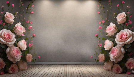 photo studio backdrop edged warm grey tones with with tiny pink roses generative ai illustrationの素材
