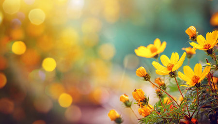 beautiful yellow flowers on blurred background with bokeh and copy space autumn or summer festive natural backgroundの素材