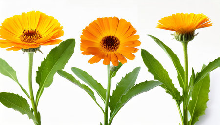 calendula officinalis flower on white or background marigold medicinal plant healing herb set of three calendula flowers with leaves and stemの素材