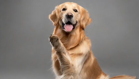 golden retriever dog doing give paw trick on gray backgroundの素材