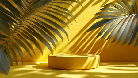 3d render abstract summer yellow background with leaves shadows and bright sunlight minimal showcase scene for organic product presentationの素材