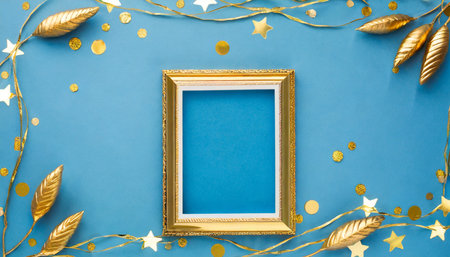 golden frame on blue backgroundの素材