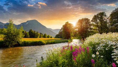 summer landscape flowers and trees near river idyllic view with mountains in the background at sunsetの素材