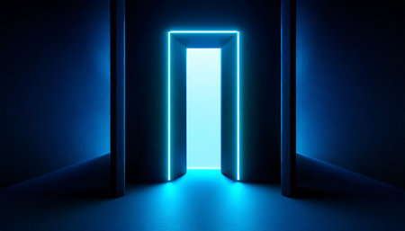 3d render abstract minimalist blue geometric background bright neon light going through the vertical slot doorway portal glowing in the darkの素材
