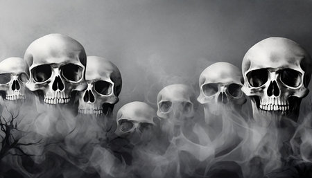 banner with ghost skulls illustration horror background with a mist like ghost skullsの素材