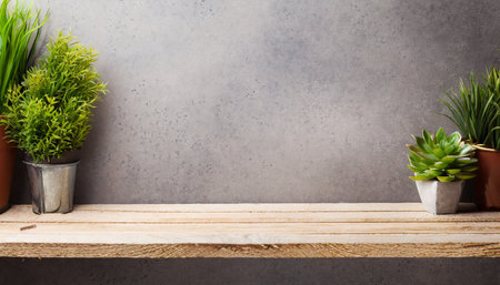 wooden shelf or table top at grey backgroundの素材