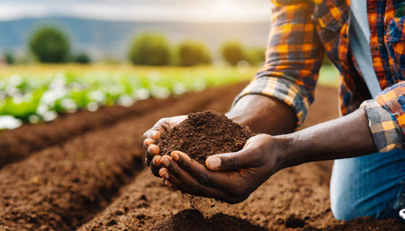 farmer holding soil in hands close up male hands touching soil on the field agriculture gardening or ecology concept generative aiの素材