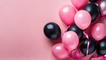 pink and black balloons on a pink background with space for textの素材
