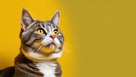 cute banner with a cat looking up on solid yellow backgroundの素材