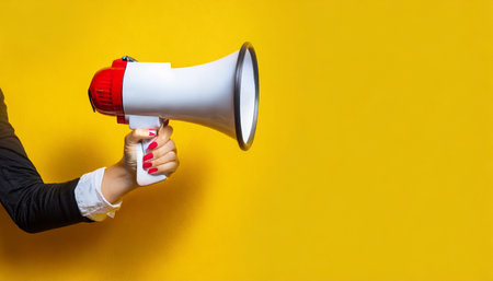 megaphone in hand on a yellow background panoramic image attention concept announcementの素材