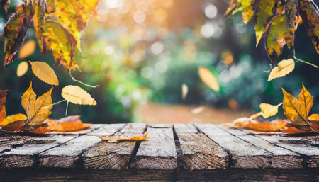 a rustic old wooden table outdoors with autumn leaves falling in the backgroundの素材