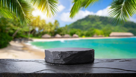 black stone podium on stone platform against blurred tropical beach backgroundの素材