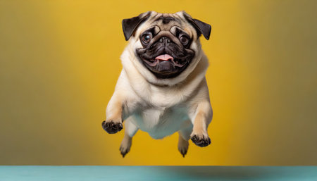 happy pug dog jumping on yellow background banner concept for pet shop e commerce pet veterinary clinics generative aiの素材
