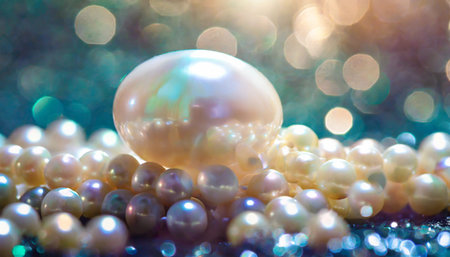 shiny natural white sea pearl with light effects on backgroundの素材