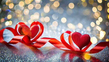 valentines card red ribbon shaped hearts on silver shiny background with lightsの素材