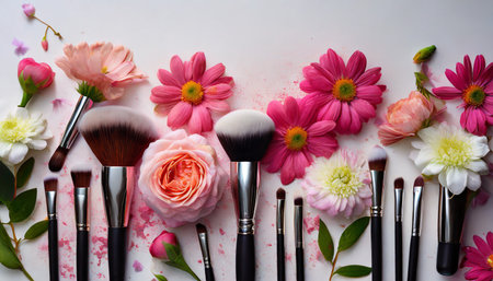 a pink background with makeup brushes and flowers created with generative ai technologyの素材