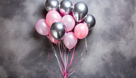 bunch of silver and pink balloons on gray concrete backgroundの素材