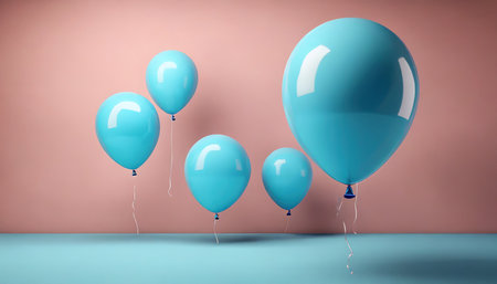 blue balloons floating in pink pastel background room studio minimal idea creative conceptの素材