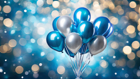 bunch of blue and silver balloons on blue bokeh backgroundの素材