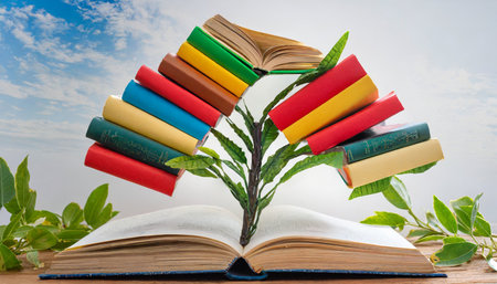 international literacy day concept with tree with books like leaves literacy education knowledge concept with color books on tree on white backgroundの素材