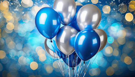 bunch of blue and silver balloons on blue bokeh backgroundの素材