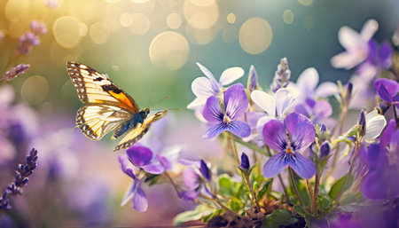 soft purple flowers of of violet with flying butterfly on blur spring backgroundの素材