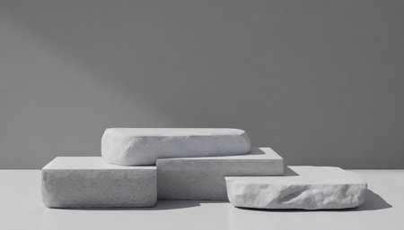 illustration for 3d white stone podium display with copy space gray background cosmetics or beauty product promotion mockup natural rough grey rock step pedestal trendy minimalist bannerの素材