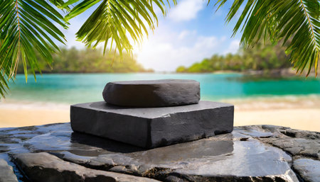 black stone podium on stone platform against blurred tropical beach backgroundの素材