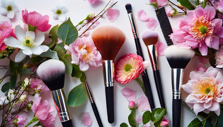 a pink background with makeup brushes and flowers created with generative ai technologyの素材