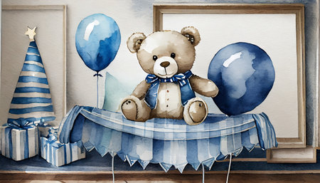 a cute teddy bear with ballon blue watercolor it s a boy baby room frame nursery room frameの素材