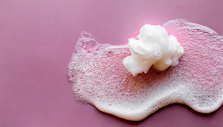 fluffy bath foam on pink background top view space for textの素材