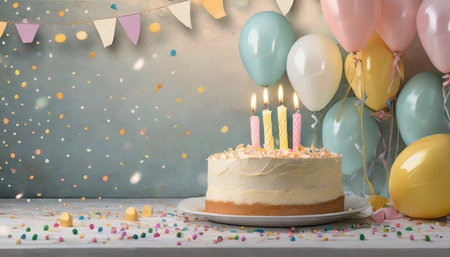 light pastel colored birthday background with a cake and candles on the right side of the image decorate the left side of the image with balloon confetti decorationsの素材