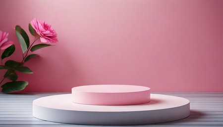 blank pink display background with minimal style blank stand for showing product or product presentationの素材