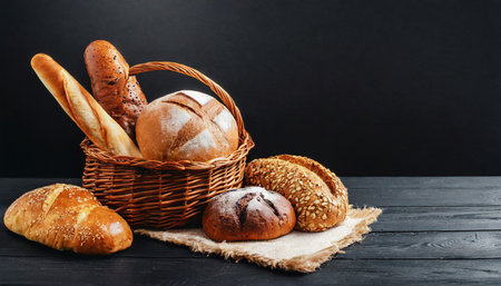 bread in basket on black background various kinds of bread in basket on a black background copy space copy text for advertising design landscapeの素材