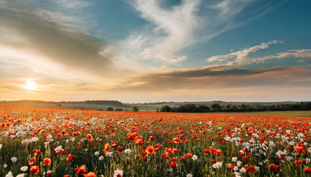 amazing poppy field landscape against colorful skyの素材