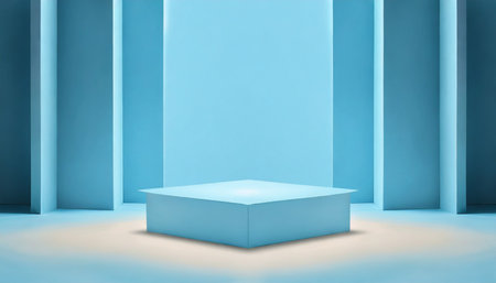 a light blue symmetrical empty cube shaped studio room for product presentation or backdropの素材