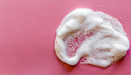 fluffy bath foam on pink background top view space for textの素材