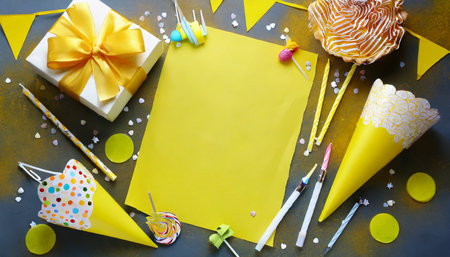 blank yellow sheet of paper with birthday itemsの素材