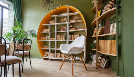interior of a room with a chair and an unusual shelf for books curved designの素材