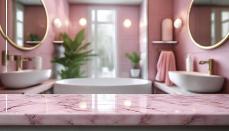 products display concept empty pink marble top table for product display with blurred bathroom interior backgroundの素材