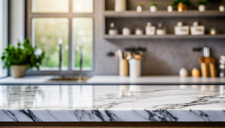 marble stone table top kitchen island on blur kitchen interior backgroundの素材