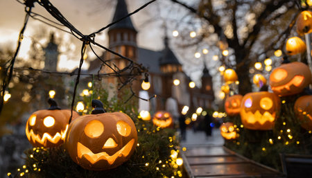 glowing pumpkin decorations of the city for the holiday halloween concept background with selective focusの素材