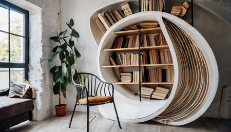 interior of a room with a chair and an unusual shelf for books curved designの素材